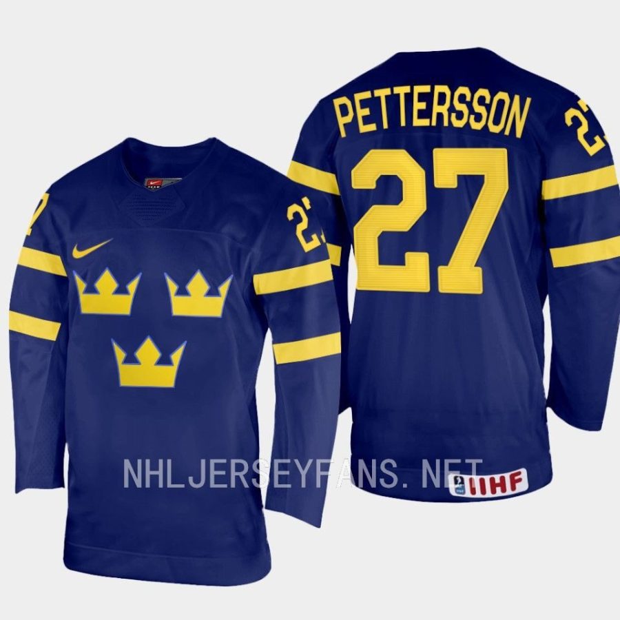 sweden oskar pettersson 2023 iihf world junior championship away jersey navy