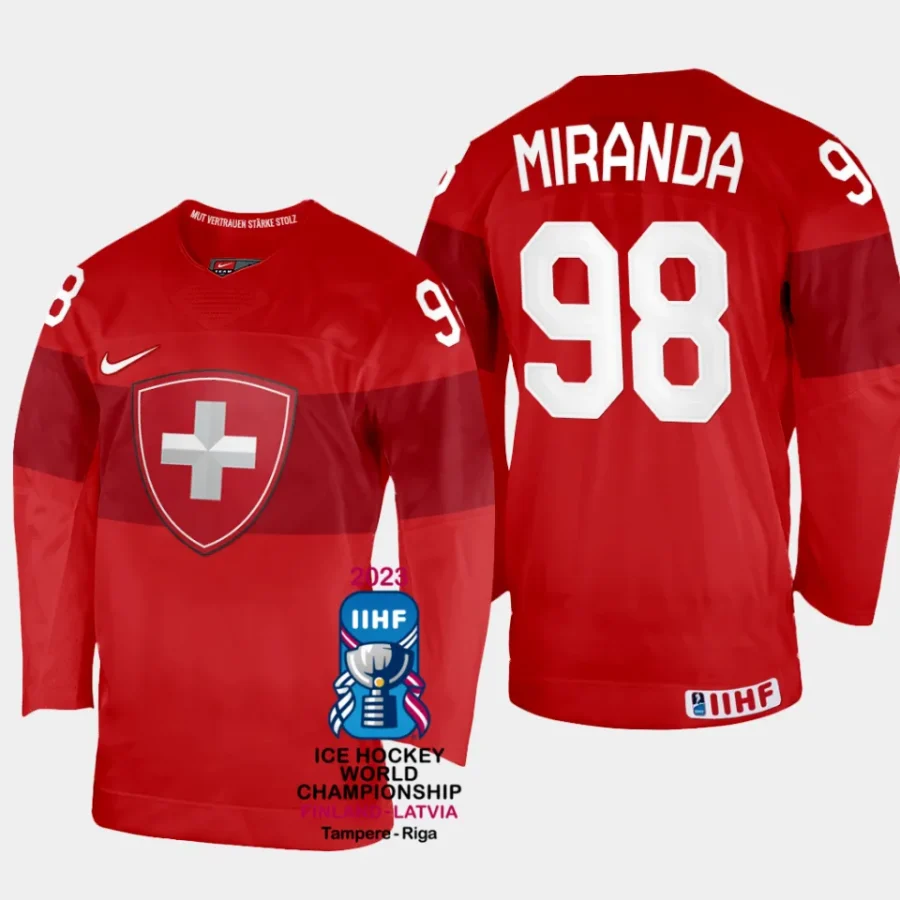 switzerland hockey marco miranda 2023 iihf world championship men away jersey red