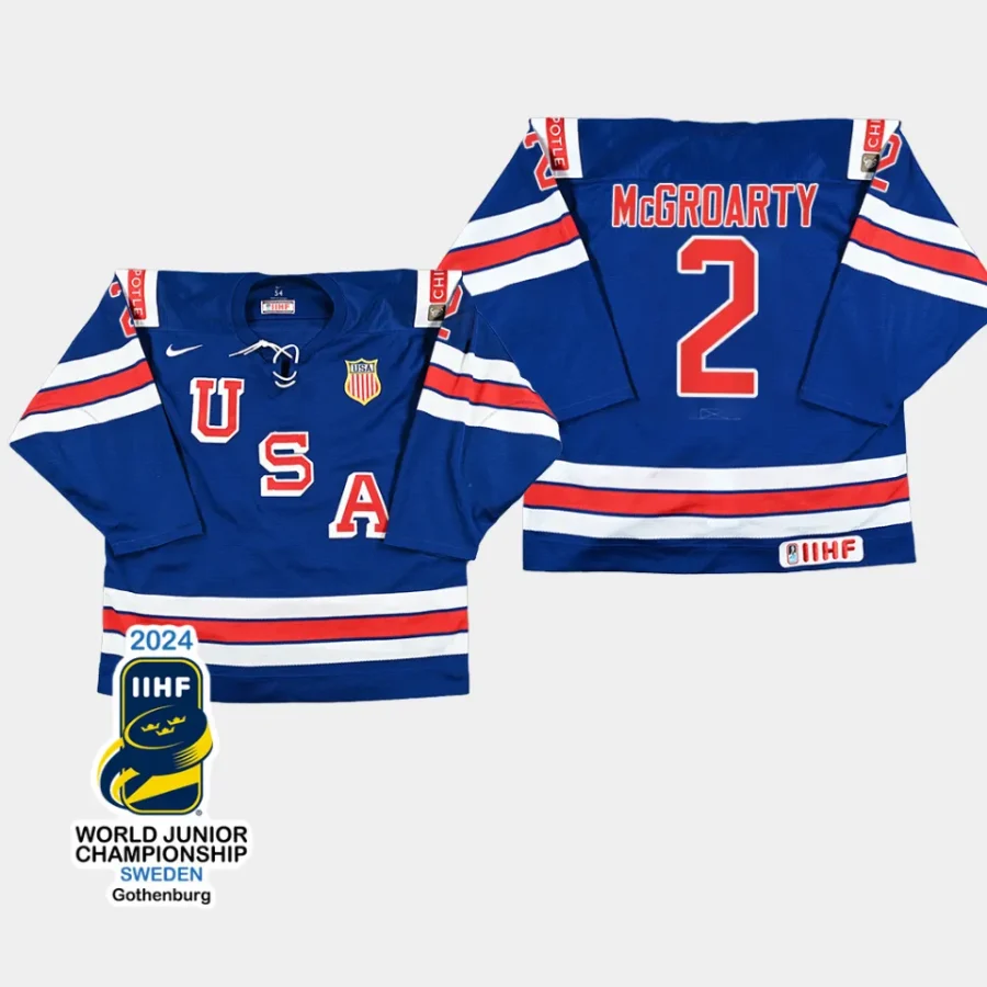 usa hockey rutger mcgroarty 2024 iihf world junior champions men jersey blue