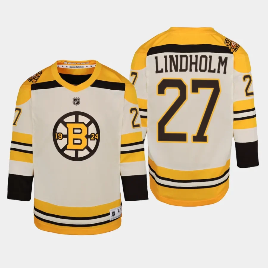 youth bruins hampus lindholm cream 2023 24 100th anniversary premier player jersey