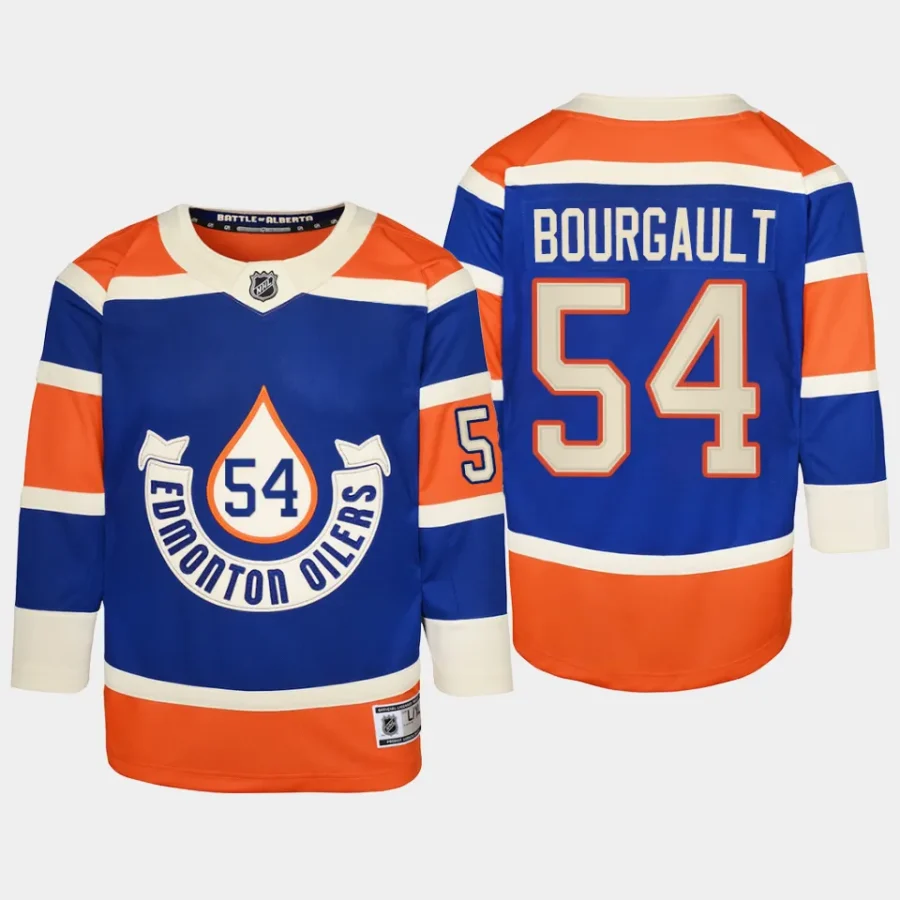 youth oilers xavier bourgault royal 2023 nhl heritage classic premier player jersey